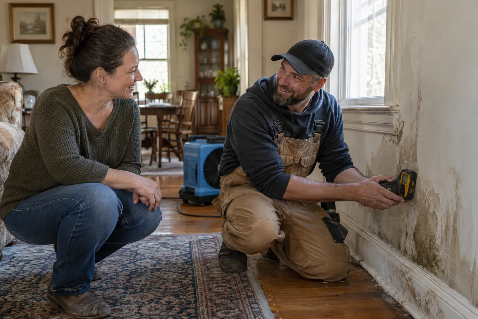 Water damage restoration technician drying a flooded living room in Pittsburgh